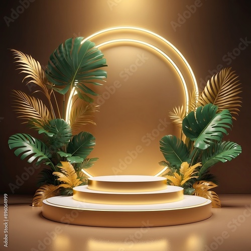 Beauty golden 3D podium backdrop with neon light and tropical palm leaves