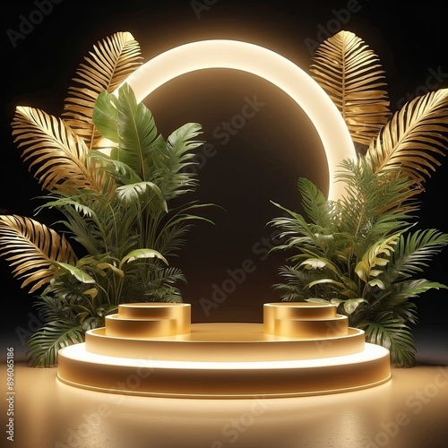 Beauty golden 3D podium backdrop with neon light and tropical palm leaves