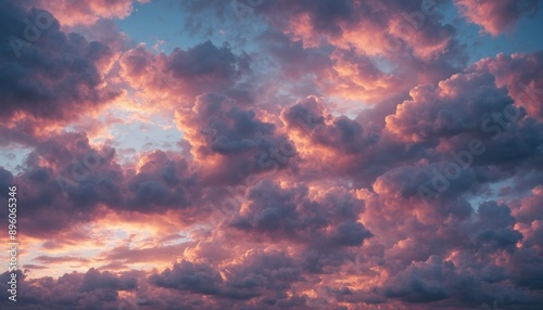 Beautiful view of the sky filled with pink and gray clouds as sun sets, casting a warm glow on the horizon