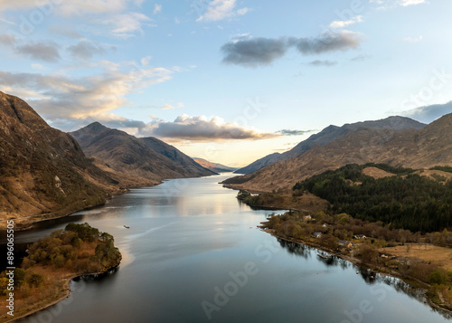 Aerial view of serene Loch Shiel with majestic mountains and tranquil waters, Glenfinnan, Scotland. photo