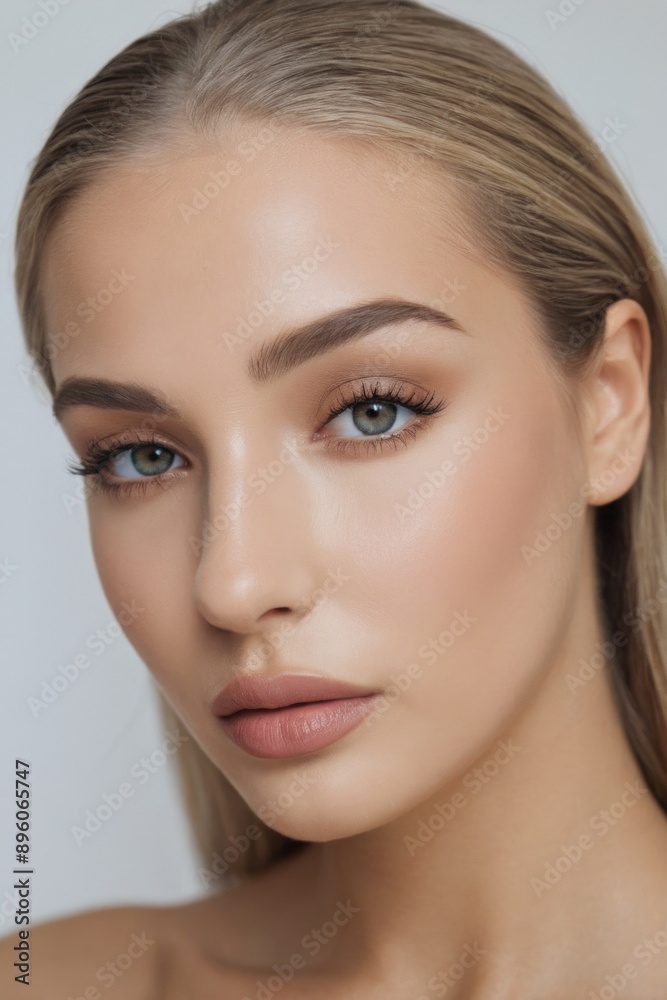 Close-up portrait of woman with long blonde hair, light green eyes, and soft pink lips. Soft, diffused lighting gives warm, inviting atmosphere Close-up portrait of woman with long blonde hair, light green eyes, and soft pink lips. Soft, diffused lighting gives warm, inviting atmosphere