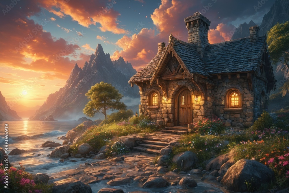 Naklejka premium A stone cottage sits on a slope by a calm lake at sunset, with mountain peaks in the distance and a sky filled with orange and pink hues
