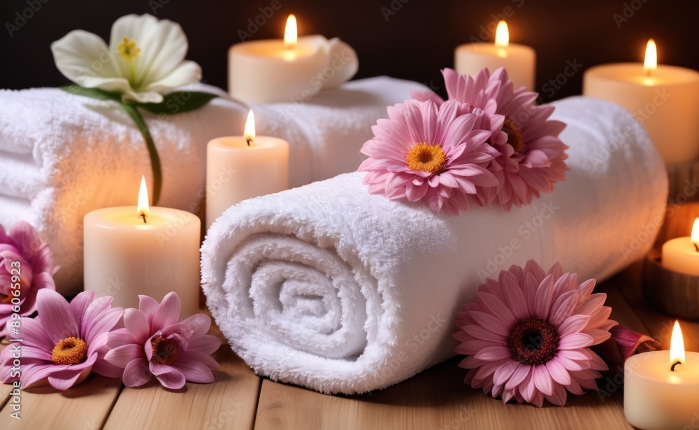 A spa setting with white towels, lit candles, and pink gerbera daisies. The scene evokes a sense of tranquility and relaxation, perfect for a massage or a calming moment A spa setting with white towels, lit candles, and pink gerbera daisies. The scene evokes a sense of tranquility and relaxation, perfect for a massage or a calming moment