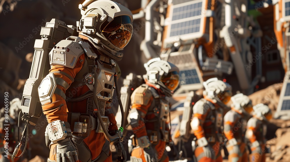 A group of space colonoists aboard a solar power A group of space colonoists aboard a solar power
