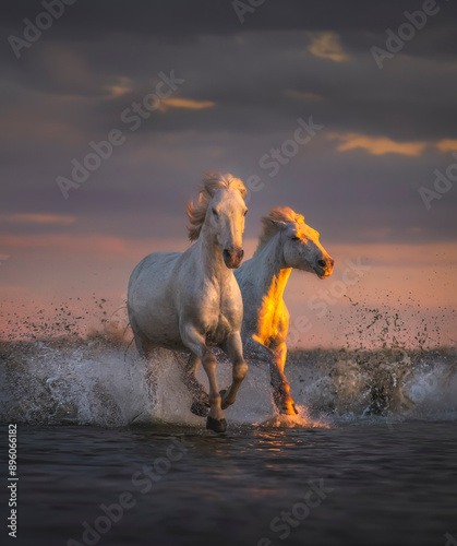 Aerial view of running white horses in sunset with dramatic sky and splashing water, Camargue, France.