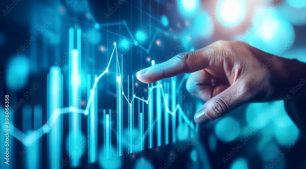 Close-up of a hand interacting with a digital financial graph displaying data analytics and market trends, symbolizing technology in finance. Close-up of a hand interacting with a digital financial graph displaying data analytics and market trends, symbolizing technology in finance.