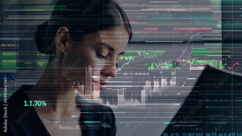 A woman examines financial data displayed on a digital screen. The image is a double exposure, with the screen's data superimposed over the woman's face and body.