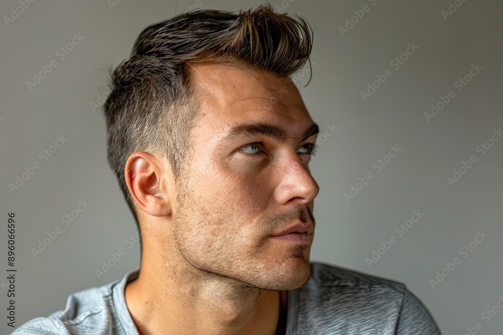 Close-up of a handsome man with short styled hair looking to the side Close-up of a handsome man with short styled hair looking to the side
