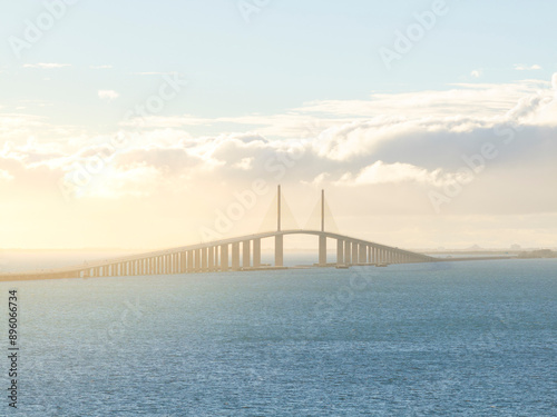 Aerial view of Skyway Bridge over Tampa Bay at sunset, St Petersburg, Florida, United States.