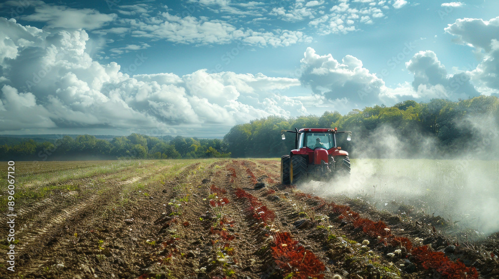 Fototapeta premium Red tractor plowing field under a cloudy blue sky