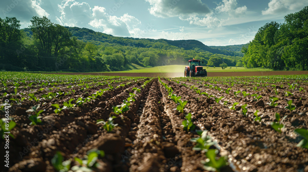 Obraz premium Farm tractor working on green fields with mountains.