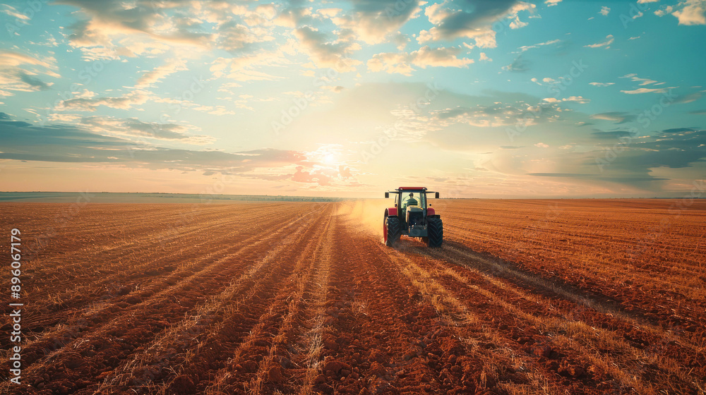 Naklejka premium Tractor at sunrise with empty field and blue sky.