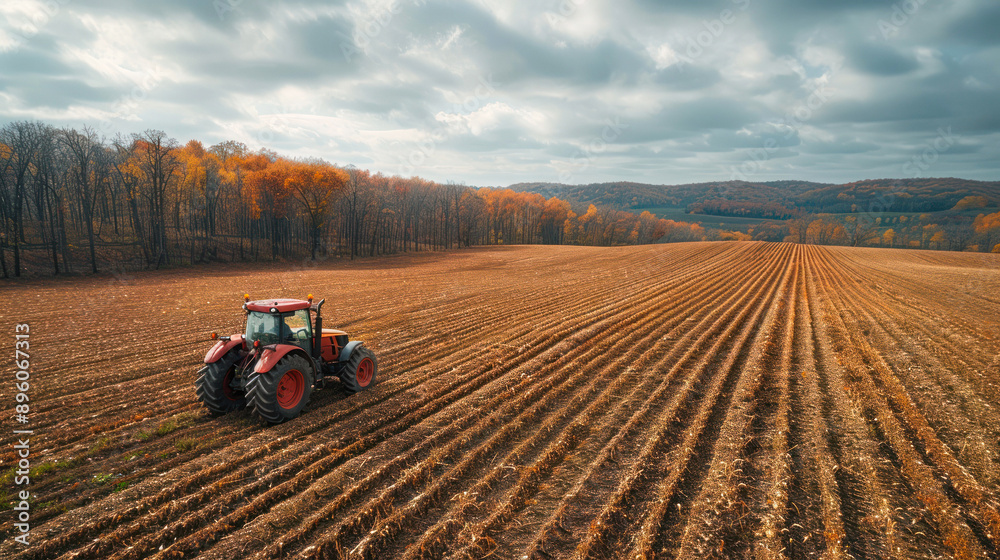Red tractor plowing a harvested field with tree line. Red tractor plowing a harvested field with tree line.