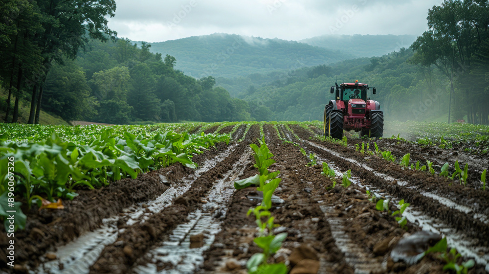Red tractor navigating a farm field under cloudy skies. Red tractor navigating a farm field under cloudy skies.