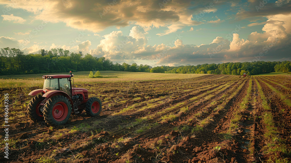 Obraz premium Tractor idle in a green field under dynamic clouds.