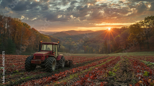 Red tractor working in the field at sunrise photo