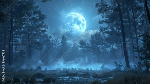 A large, blue moon hangs over a misty forest at night, casting an ethereal glow on the trees.