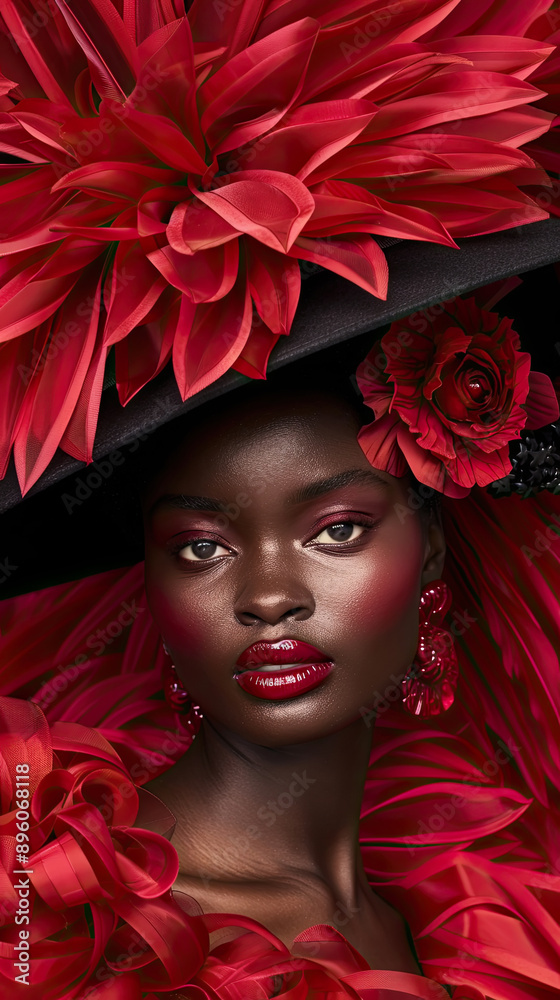 Dark-skinned woman in black hat, red dress, with bold makeup Dark-skinned woman in black hat, red dress, with bold makeup