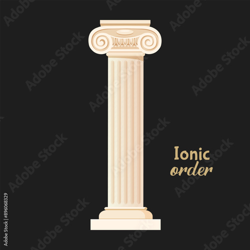 Antique column of greek architecture with ionic order isolated on dark background with lettering.
