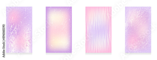 Four vertical pastel gradients with grunge and distressed overlays. Abstract blurred liquid background for social media stories. Pink, purple beige pastel color.