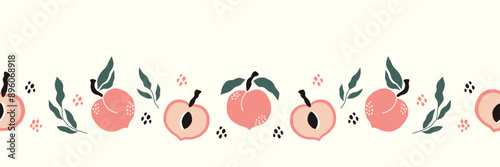 Seamless horizontal pattern with peaches and leaves. Modern texture with fresh fruit. 