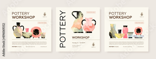 Set of pottery workshop advertising vector web square banner design template. Hand made ceramics, clay crockery flat illustration. Pottery lesson, ceramic studio, hobby master class invitation layout