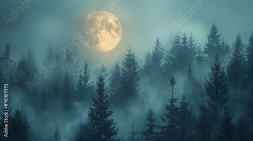 A full moon shines through the mist above a dense, dark forest.