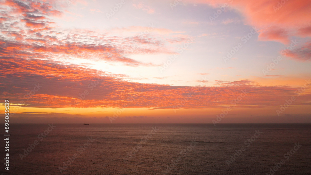 Aerial view of serene sunset over ocean and islands, Santa Marta, Colombia. Aerial view of serene sunset over ocean and islands, Santa Marta, Colombia.