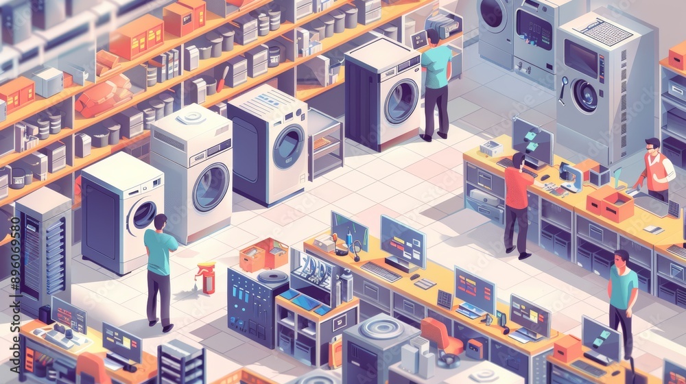 Obraz premium Isometric view of an electronics store with customers browsing appliances and computers.