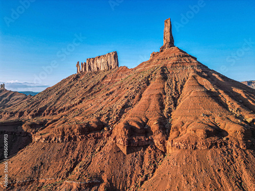 Aerial view of Castleton and Mother Superior rock formations, Moab, Utah, United States.