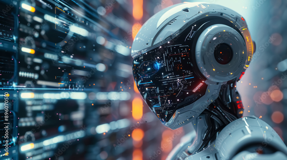 Fototapeta premium Side view of a humanoid head with blue eyes and vibrant neon neural network, representing futuristic technology and artificial intelligence. 