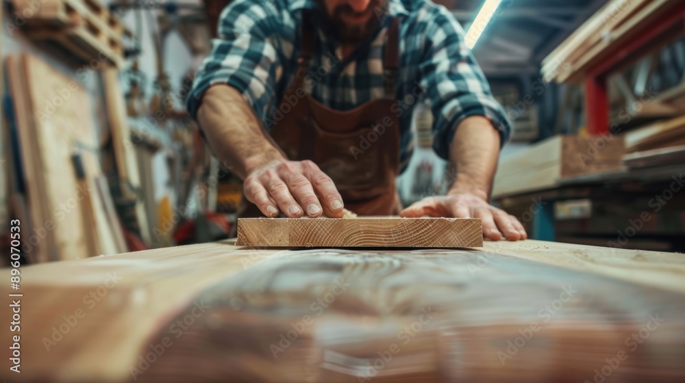 man owner a small furniture business is preparing wood for production. carpenter male is adjust wood to the desired size. architect, designer, Built-in, professional wood, craftsman, workshop. man owner a small furniture business is preparing wood for production. carpenter male is adjust wood to the desired size. architect, designer, Built-in, professional wood, craftsman, workshop.
