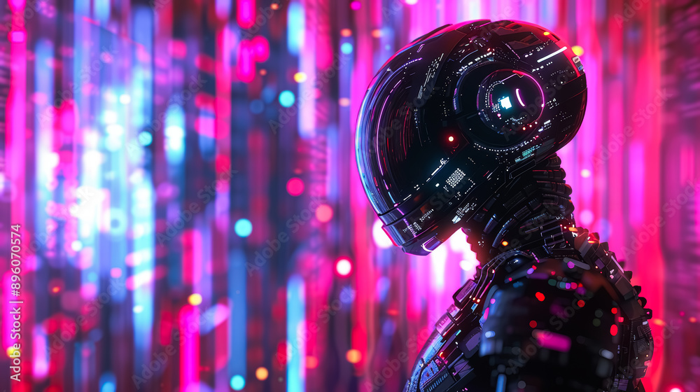 Humanoid AI artificial intelligence robot in an abstract digital environment, pink neon colors background.  Concept of futuristic digital technologies. 
