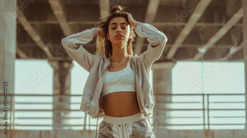 Middle eastern model showcases dynamic fusion of fitness fashion in athleisure attire photo