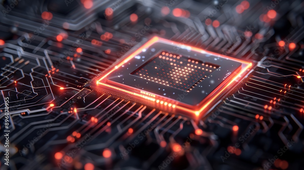 Fototapeta premium A glowing CPU chip on a circuit board, symbolizing processing power and technological advancement.