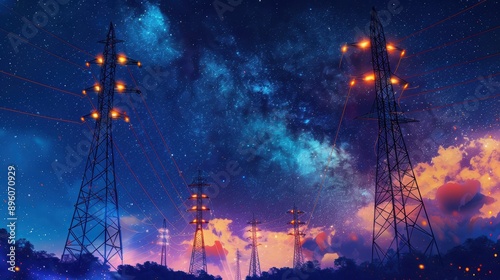 Electricity transmission towers with orange glowing wires the starry night sky. Energy infrastructure concept, energy, electricity, voltage, supply, pylon, technology.