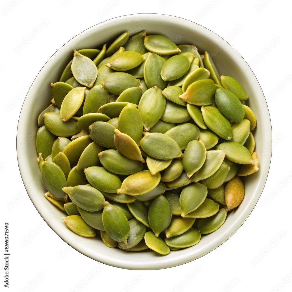 Green pumpkin seeds on white bowl top view on transparent background Green pumpkin seeds on white bowl top view on transparent background