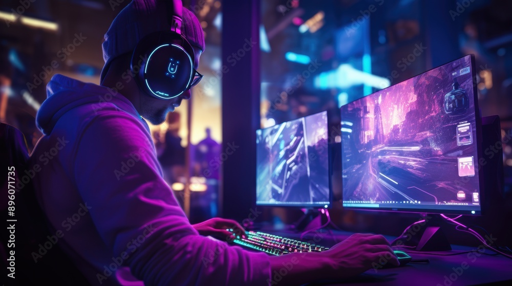 pro gamer man in headphones live streaming while playing online computer game, neon lights, esports, gaming, monitor, play, young, player, internet, enjoyment, cyber, pro gamer man in headphones live streaming while playing online computer game, neon lights, esports, gaming, monitor, play, young, player, internet, enjoyment, cyber,