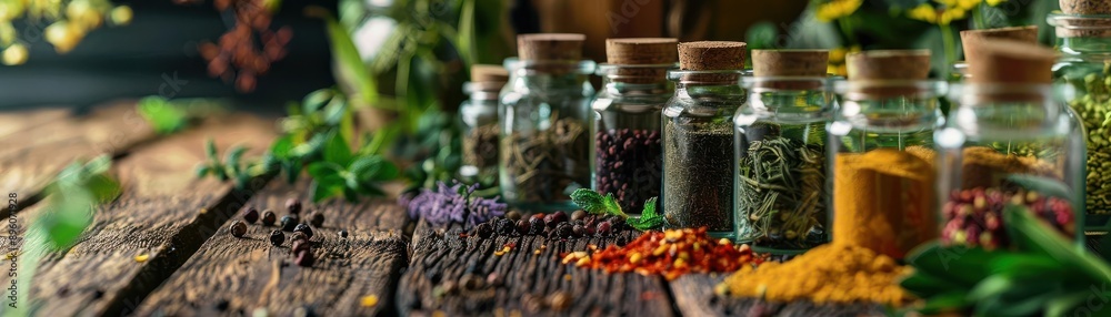 A closeup of assorted herbs and spices in vintage glass jars A closeup of assorted herbs and spices in vintage glass jars