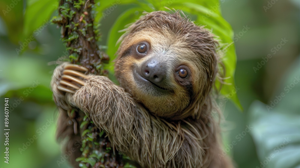 Adorable Sloth Clinging to Tree in Lush Greenery, Close-Up of Cute Animal in Natural Habitat, Wildlife Photography, Nature and Conservation, Tropical Rainforest, Endangered Species Adorable Sloth Clinging to Tree in Lush Greenery, Close-Up of Cute Animal in Natural Habitat, Wildlife Photography, Nature and Conservation, Tropical Rainforest, Endangered Species