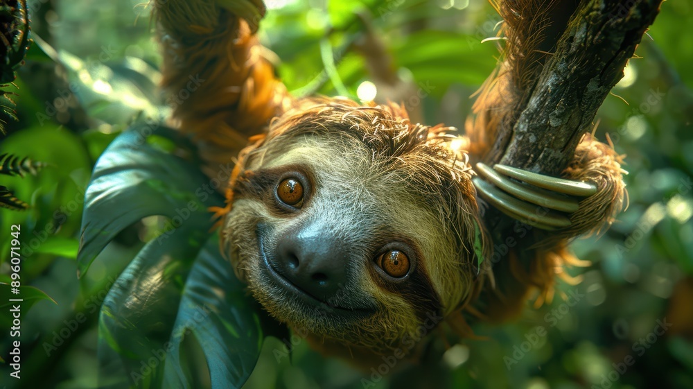 Obraz premium Close-Up of a Smiling Sloth Hanging from a Tree Branch in a Lush Green Jungle, Capturing the Serenity and Charm of Wildlife in Their Natural Habitat