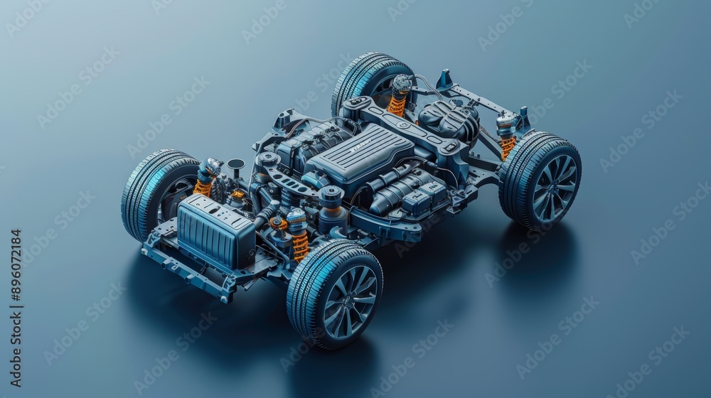 A detailed 3D rendering of a car chassis with engine, suspension and wheels on a blue background. A detailed 3D rendering of a car chassis with engine, suspension and wheels on a blue background.