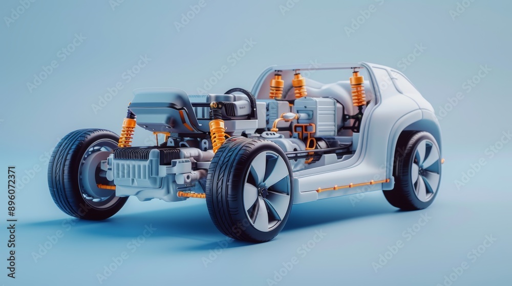 A white car with its engine and chassis exposed, showcasing the inner workings of a vehicle. The car is isolated on a blue background. A white car with its engine and chassis exposed, showcasing the inner workings of a vehicle. The car is isolated on a blue background.