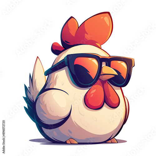 Little white chicken rooster wearing sunglasses