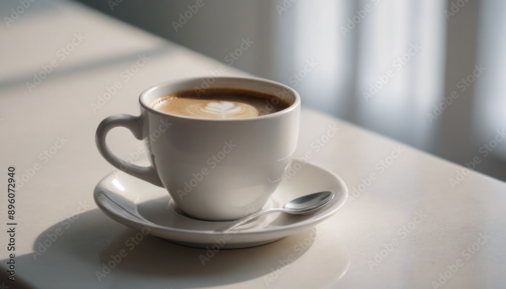 A hot cup of coffee on a saucer, set against a white background, casting a subtle shadow. A hot cup of coffee on a saucer, set against a white background, casting a subtle shadow.