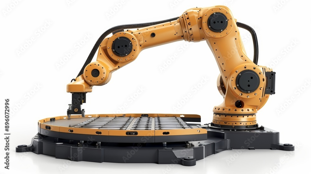 A robotic arm with multiple joints, in a yellow and black color scheme, is shown operating on a circular platform. A robotic arm with multiple joints, in a yellow and black color scheme, is shown operating on a circular platform.