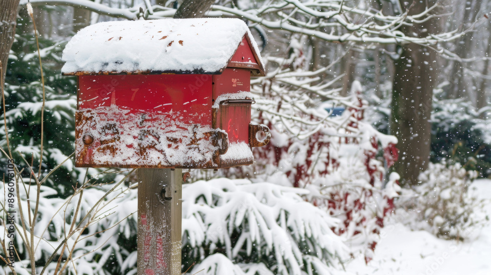 Naklejka premium A red mailbox covered in snow stands in a snowy winter landscape