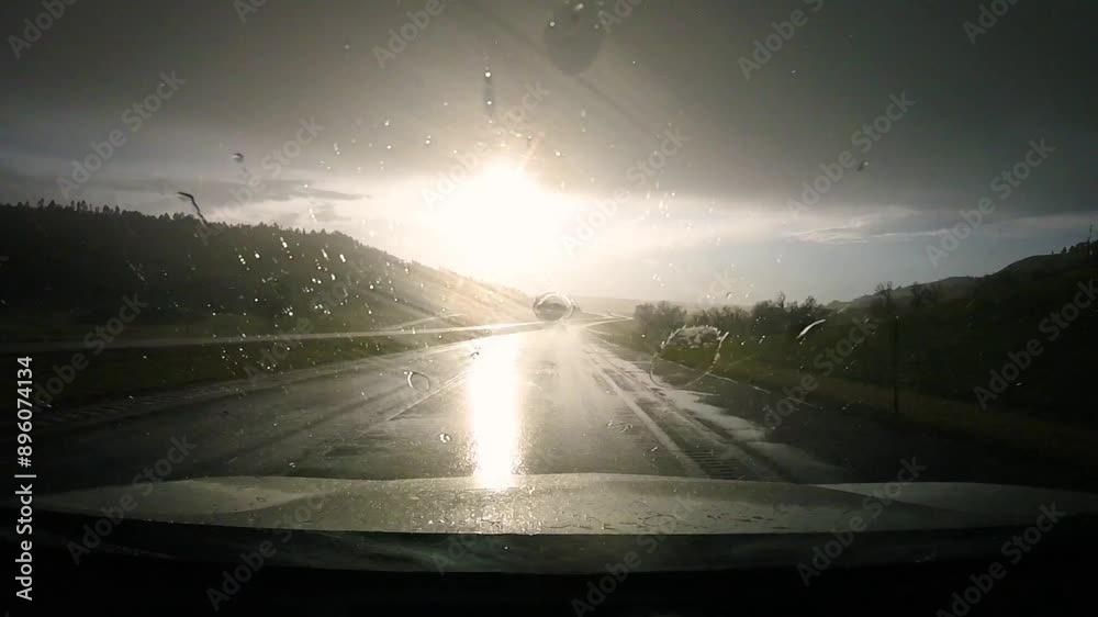 Driving on a rainy day with the sun shining on wet road and windshield wipers on Driving on a rainy day with the sun shining on wet road and windshield wipers on