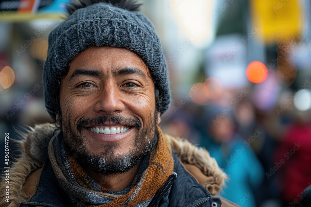 Smiling man in winter coat and hat with crowd in background Smiling man in winter coat and hat with crowd in background