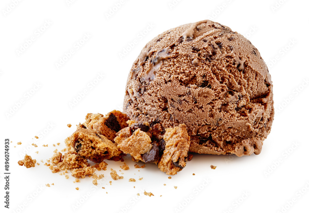 Chocolate chip cookie icecream ball isolated on white background. Scoop of ice-cream closeup Chocolate chip cookie icecream ball isolated on white background. Scoop of ice-cream closeup